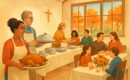 Volunteers serving a Thanksgiving meal to community members inside a warm church hall with autumn decor