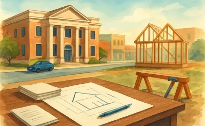 An editorial illustration showing a city hall office desk and a construction site representing a letter of intent for local development.