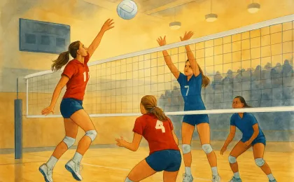Indoor gym scene showing high school volleyball action near a centered net and a crowd in the background.