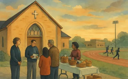 A peaceful illustration of a Hoisington community gathering with donation baskets and a nearby track setting for remembrance.