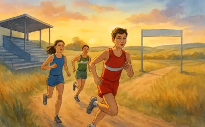 Young runners from small-town teams race toward a finish ribbon on a prairie path with modest bleachers in the background.