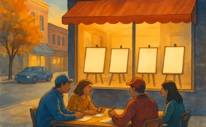 People seated at a community table with paper football picks near warmly lit downtown storefronts.