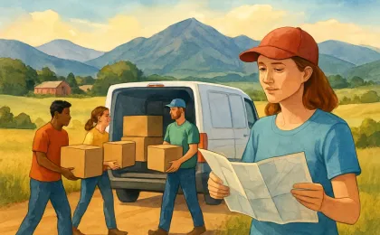 Volunteers prepare care packages and load supplies into a van before heading toward a mountainous region.