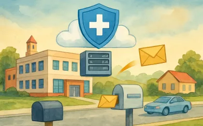 Illustration of a small-town hospital, cloud server security, and mail delivery conveying patient privacy notifications.