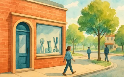 Illustration of a welcoming salon storefront on a town square with hair tools visible through the window.