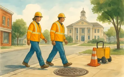 Illustration of municipal workers representing code enforcement and sewer public works in a small Kansas town neighborhood.