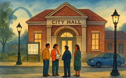 Illustration of a city hall building with residents gathered outside, suggesting a community board meeting rescheduled.