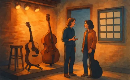 Musicians networking inside a cozy venue with instruments on display and a blank scheduling board.