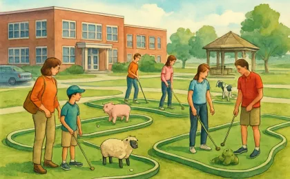 A community miniature golf scene with farm-animal obstacles near a school entrance and students ready to play.