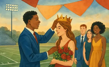 Students celebrate a high school homecoming crowning on a lit football field, with classmates gathered nearby.