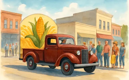 An illustrated rural Kansas parade featuring a restored vintage vehicle with community members watching along the street