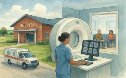 A rural hospital scene with a clinician reviewing CT images and a patient waiting area, representing upgraded local diagnostic care.