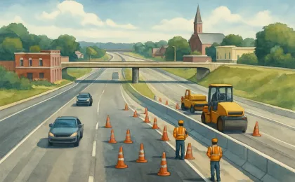 Artist’s illustration of construction crews working on a highway expansion and interchange, suggesting improved mobility ahead.