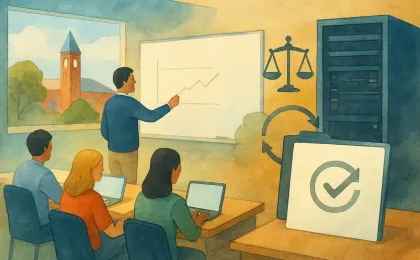 Illustration of a college classroom and campus office reflecting AI guidance and tool review processes, with secure oversight elements in the background.