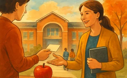 A parent gives a teacher a thank-you card with a red apple as the fall school day begins.