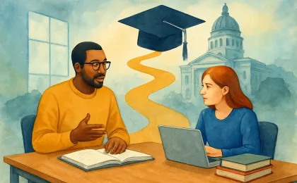 An editorial illustration of a mentor and apprentice working in a classroom with educational resources, suggesting expanded teacher training pathways.