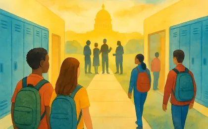 Illustration of students and educators moving through a school hallway toward a hopeful pathway symbolizing an educator pipeline investment.