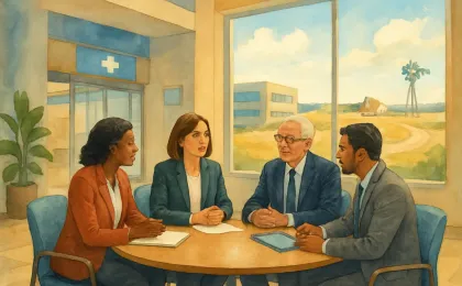 A modern hospital lobby scene with a small group gathered to represent healthcare leadership training and graduation.