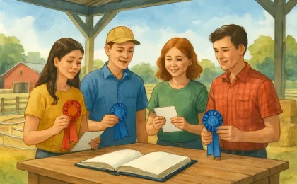 Illustration of a Kansas-style livestock show fair atmosphere with students, fair grounds details, and scholarship-themed items on a table