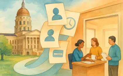 Illustration of a Kansas government building and a simplified benefits pathway helping residents complete paperwork and meet deadlines.