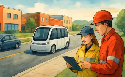 An illustration showing an autonomous vehicle on a Kansas-like road and a safety planning scene for responders.