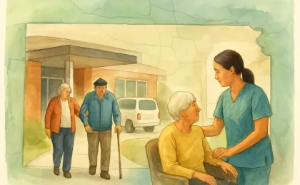 A community illustration showing senior transportation access and in-home care support in a Kansas setting.
