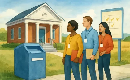 Illustration of Kansas residents preparing to vote with accessible features and a ballot drop box in a small-town setting.