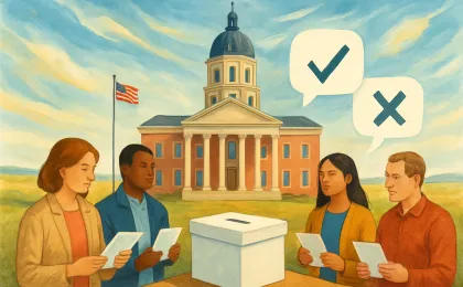 Illustration of a Kansas courthouse and ballot box with community members discussing a proposed amendment, shown without any text or logos