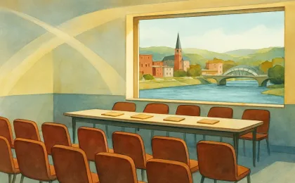 Illustration of a Kansas town event hall with a water-themed background and a meeting setup.