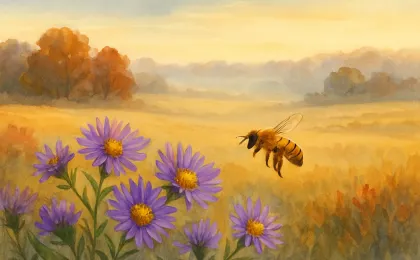 A honeybee working on purple asters with a rural autumn landscape suggesting early frost season.