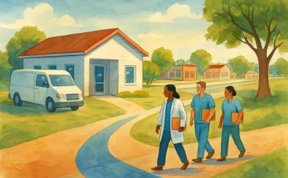 Illustration of rural health providers heading to a community clinic building, with signs of partnership and improved care access.