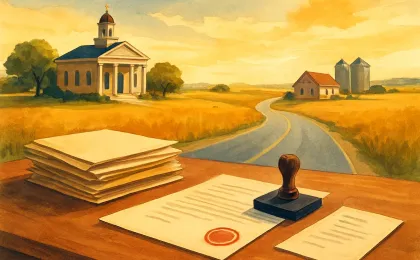 Illustration of rural Kansas scenery with a desk of legal documents and a distant small government building representing rural law practice support.