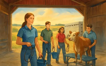 Youth exhibitors preparing livestock in a rural barn setting with Kansas countryside in the background