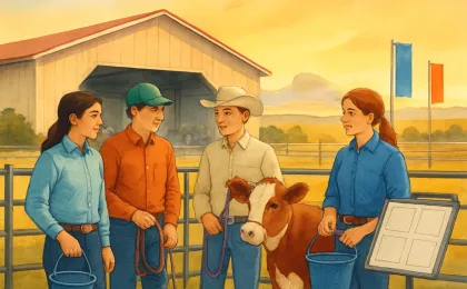 Illustration of Kansas youth preparing for an awards event at a livestock show arena with blank certificates and show equipment, celebrating scholarship support.