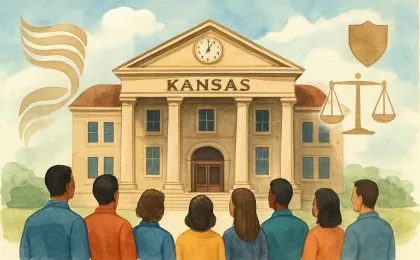 Illustration of a courthouse building with abstract public-safety and justice symbols and a small community standing outside.