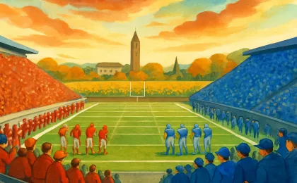 A fall game-day stadium scene with two teams facing off and Kansas countryside in the background.