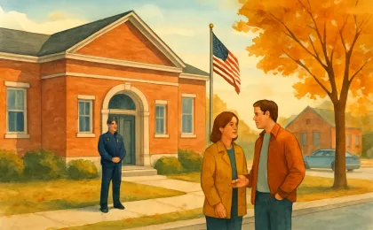 A community scene outside a small-town civic building with a police chief and residents in conversation.