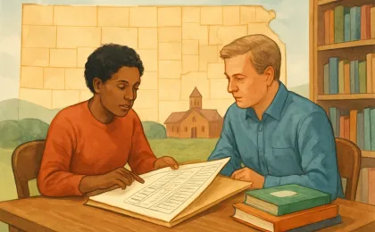 Two community members reviewing education election materials at a library table with a Kansas-district map background and a school silhouette