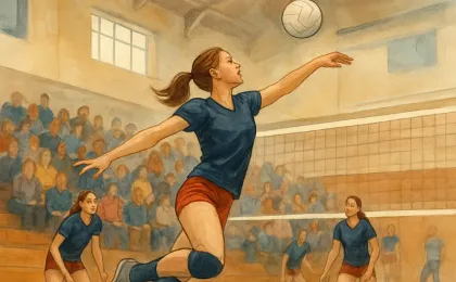 Illustration of a Lansing High volleyball player in action inside a high school gym with teammates and a supportive crowd in the background.