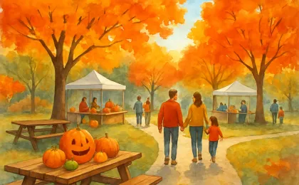 Families enjoy an autumn festival setup at a Kansas park with fall trees and vendor booths.