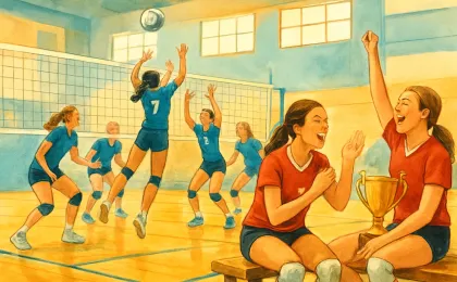 A dynamic indoor volleyball scene with players celebrating beside a trophy after a championship match