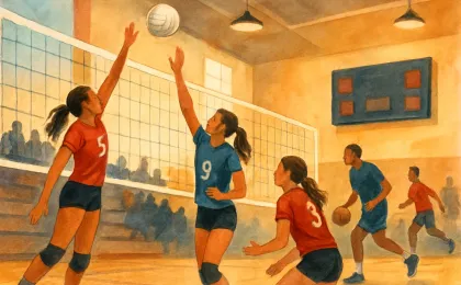 Illustrated Kansas high school gym with a volleyball net and players preparing for postseason under bright lights