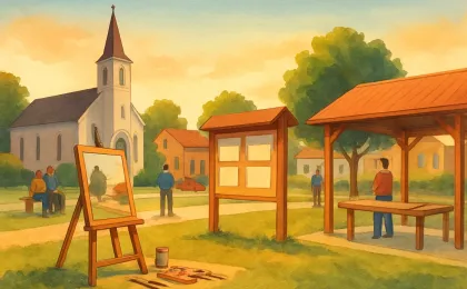 Illustration of community arts and faith life in a small Kansas town with an easel and recreation activity elements.