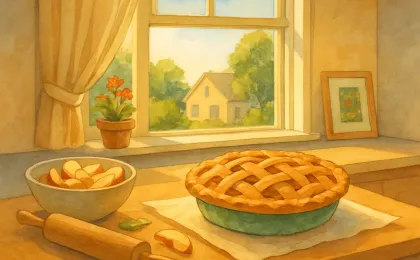 Homestyle Kansas kitchen scene with apple pie cooling, apples ready for baking, and garden flowers on a windowsill.