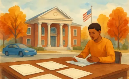 Illustration of a voter updating paperwork at a community building ahead of an election.