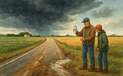 Rural fields and a washed-out road during a heavy rainstorm, with winter wheat in the foreground and storm clouds overhead