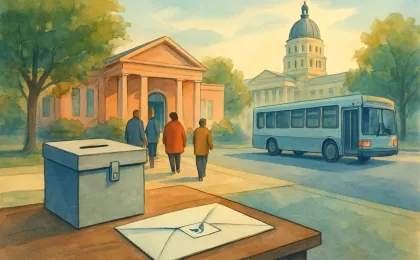 People voting in a Kansas town square with a nearby bus and mail-in ballot envelope on a table