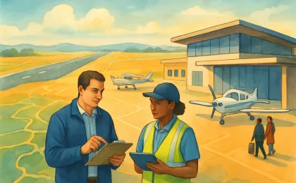 Illustration of a regional airport with runway activity and planners coordinating improvements to support economic growth.