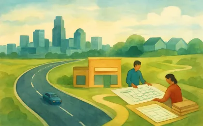 Illustration of a Lawrence streetscape with a highway leading to two development areas and planning materials representing a sales-tax incentive decision.