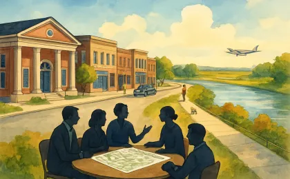 Illustration of community members collaborating on Lawrence downtown and growth planning with a riverside promenade and airport in the background.